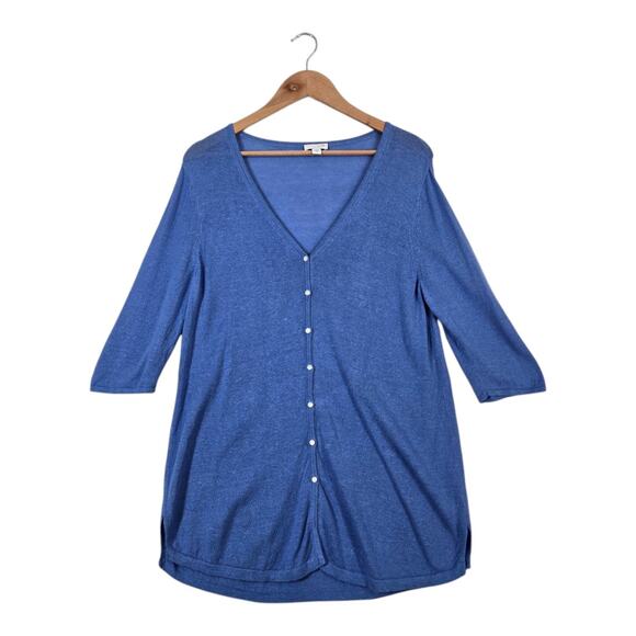 J. Jill Linen Blend Cardigan Sweater Sz M Blue Button Front Side Slits VNeck - Picture 1 of 14
